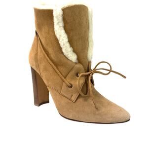 Manolo Blahnik Ostrava Camel Suede Shearling Ankle Boots Size IT 37 / US 7